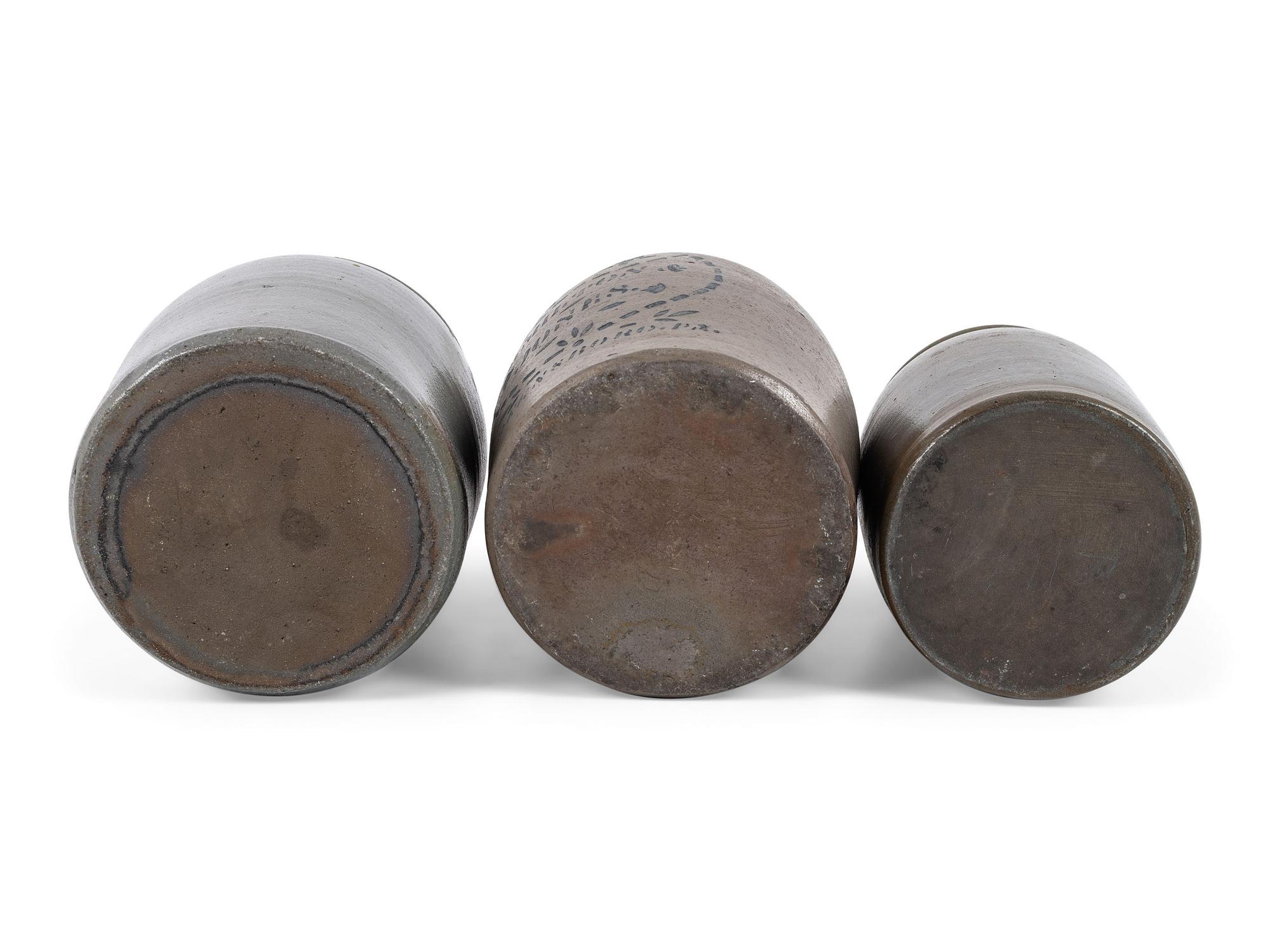 Three Cobalt-Stenciled Stoneware Vessels