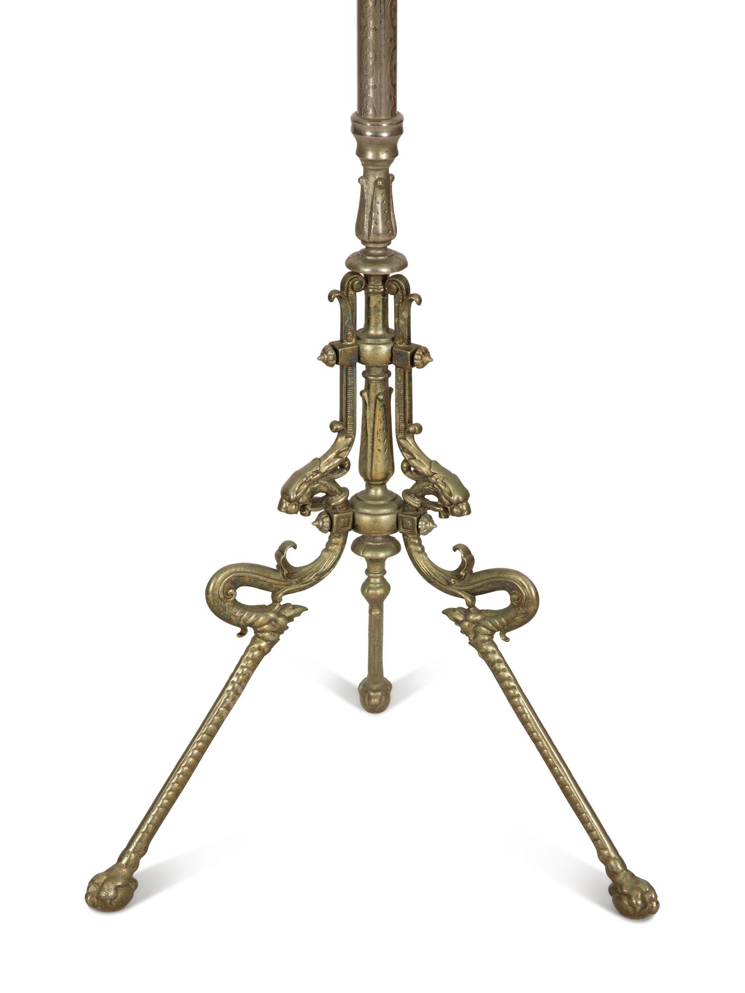 A Victorian Style Cast Brass Shaving Mirror on Adjustable Tripod Floor Stand with Shelf — 19th/20th Century