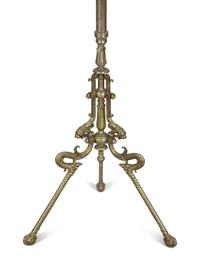 A Victorian Style Cast Brass Shaving Mirror on Adjustable Tripod Floor Stand with Shelf — 19th/20th Century