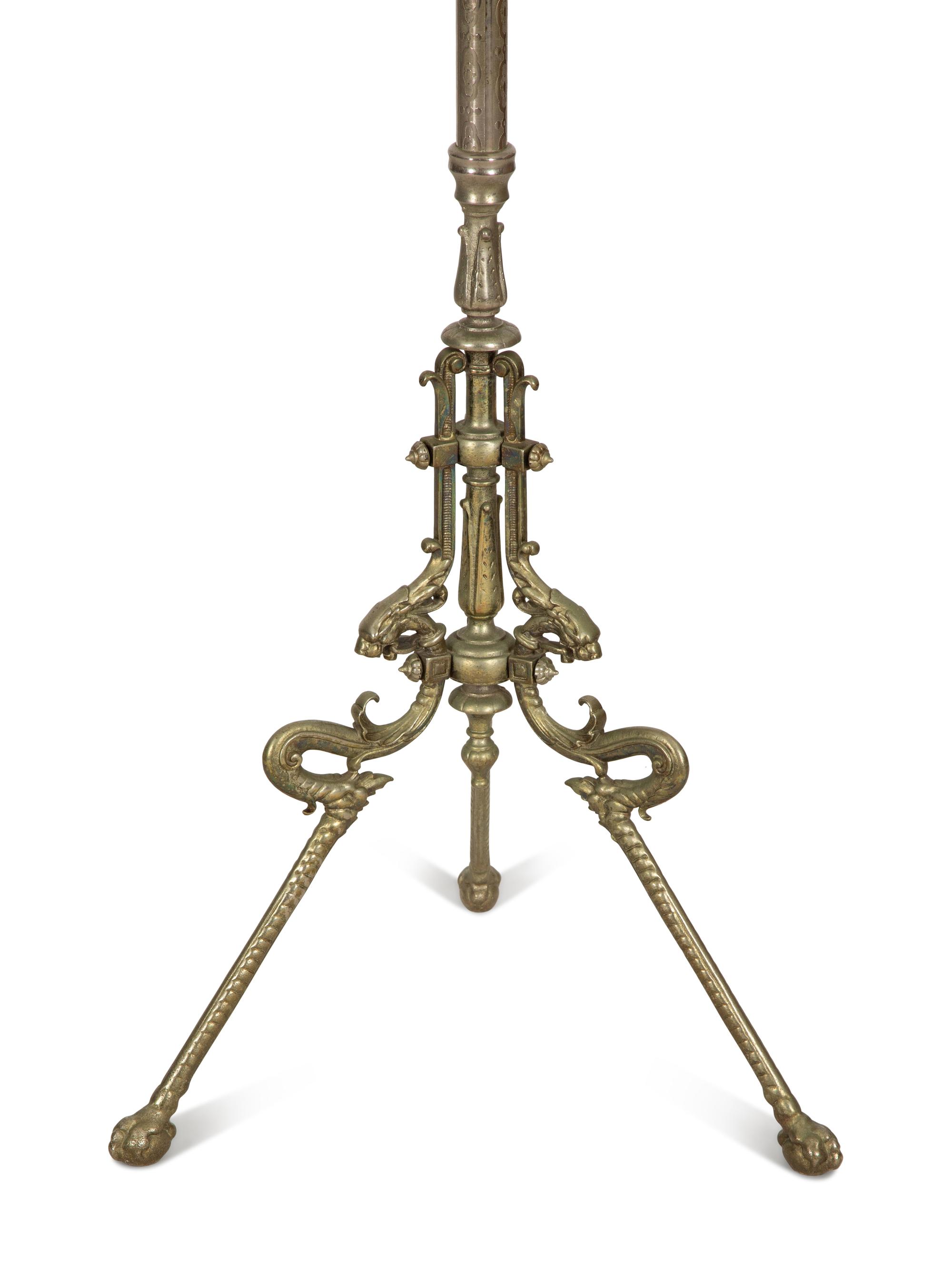 A Victorian Style Cast Brass Shaving Mirror on Adjustable Tripod Floor Stand with Shelf — 19th/20th Century