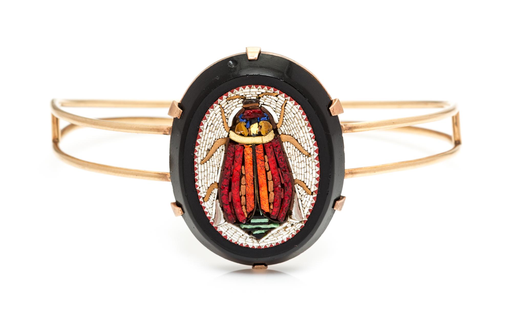 An Egyptian Revival Rose Gold and Scarab Micromosaic Bangle, 16.60 dwts.