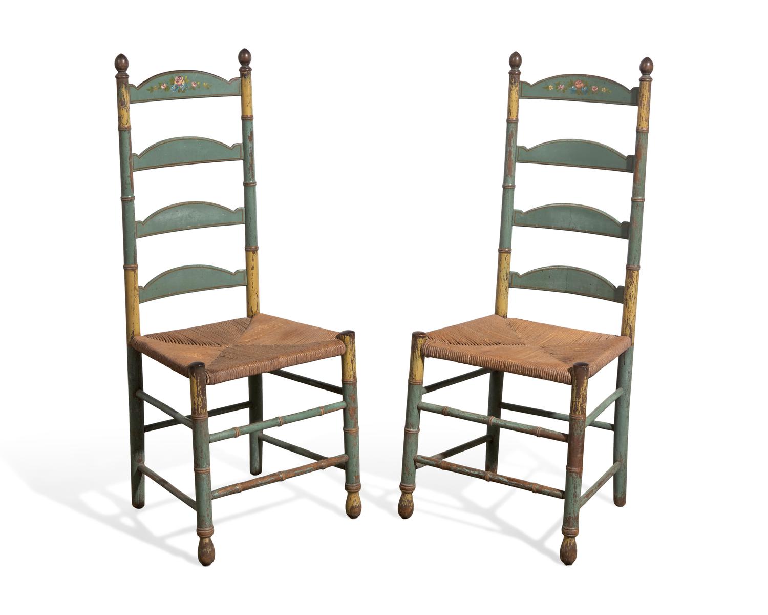 A Pair of Green-Painted and Decorated Ladder-Back Rush-Seat Side Chairs