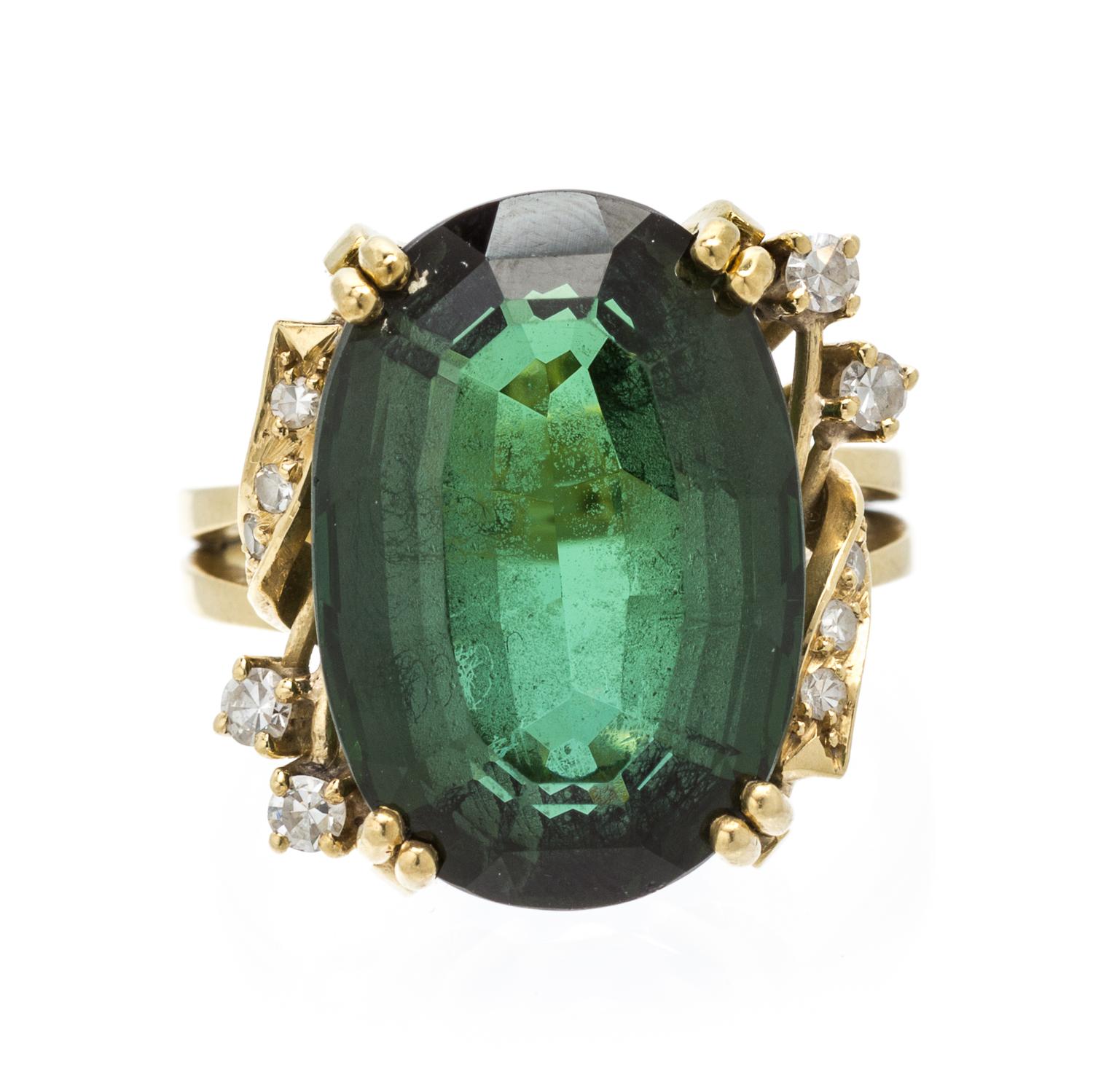 An 18 Karat Yellow Gold, Green Tourmaline and Diamond Ring, 7.30 dwts.