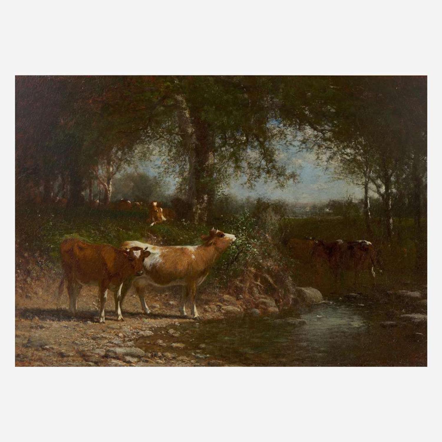 James M. Hart (American, 1828-1901) Cows Drinking by a Stream