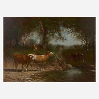 James M. Hart (American, 1828-1901) Cows Drinking by a Stream