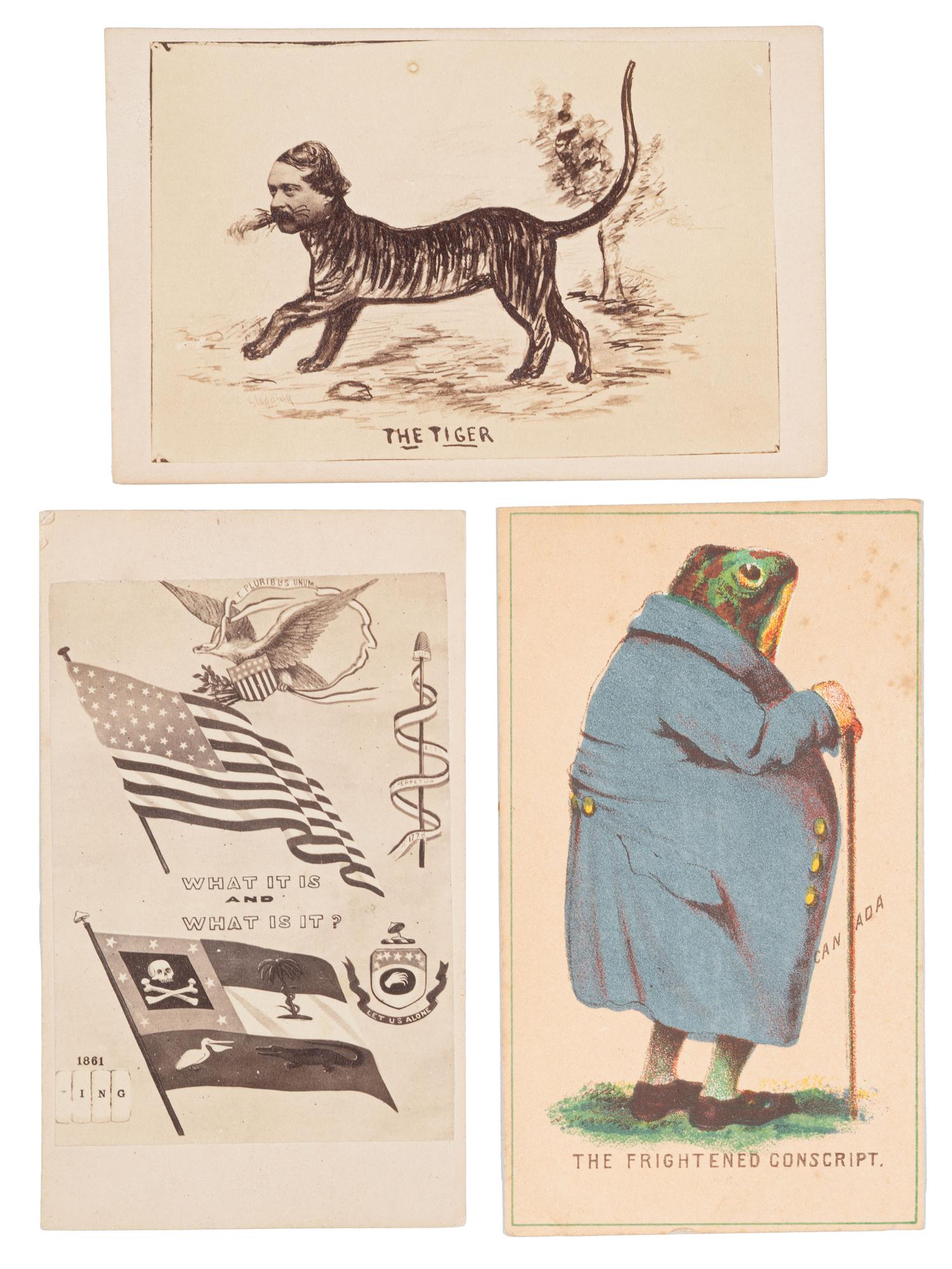 [CIVIL WAR]. A group of 3 rare CDVs featuring political cartoons incl. "The Tiger."