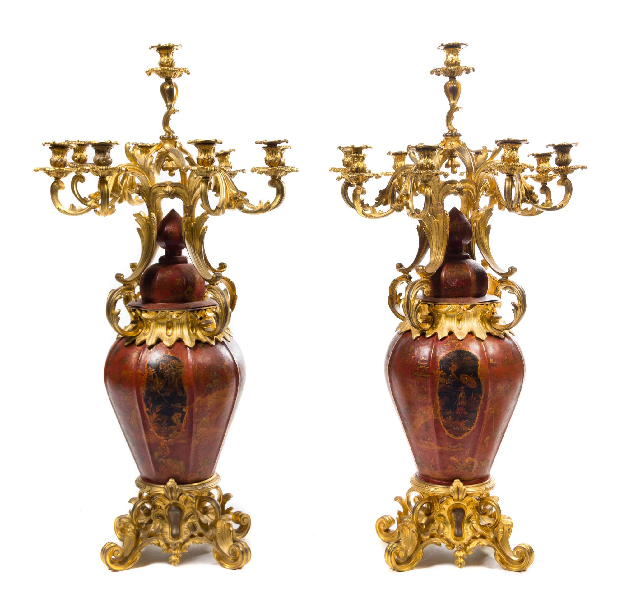 A Pair of Napoleon III Gilt Bronze Mounted Tole Nine-Light Candelabra Height 46 1/2 inches. — HENRI PICARD, 19TH CENTURY
