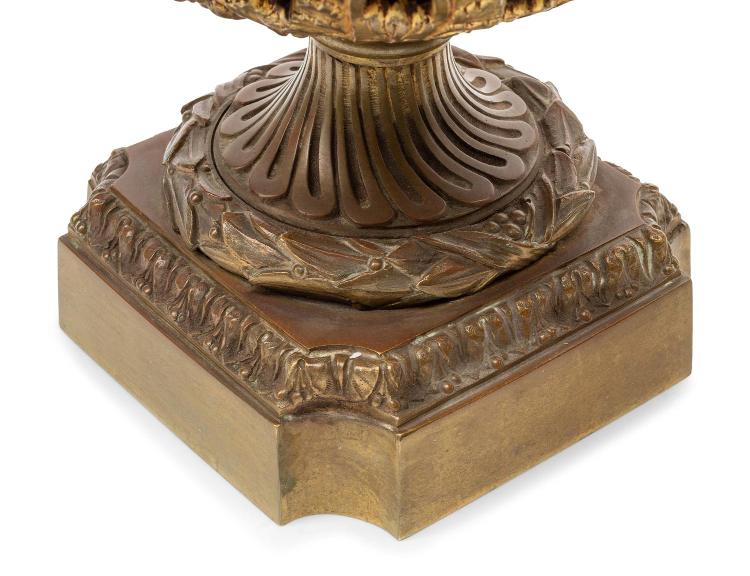 A Pair of Continental Gilt Bronze Mounted Marble Urns