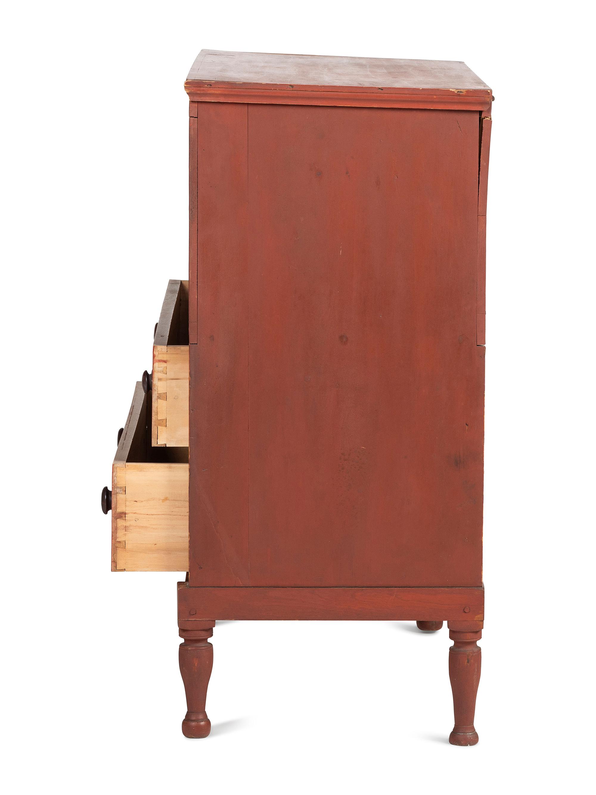 A Country Federal Red Painted Pine and Maple Two-Drawer Blanket Chest