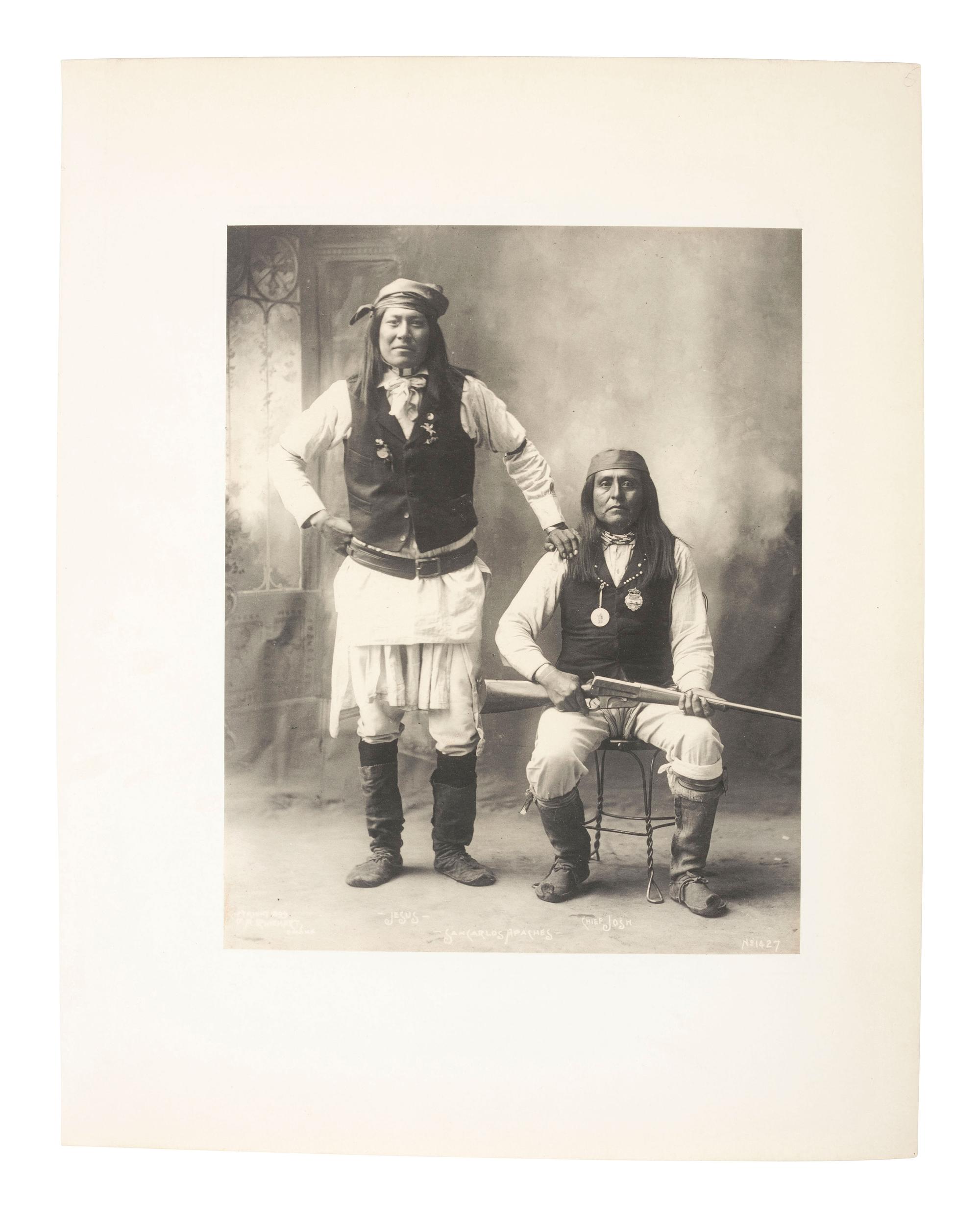 Native Americans RINEHART, Frank. A. (1861-1928), photographer. Platinum portrait of Jesus and Chief Josh, San Carlos Apaches. Omaha: 1898.