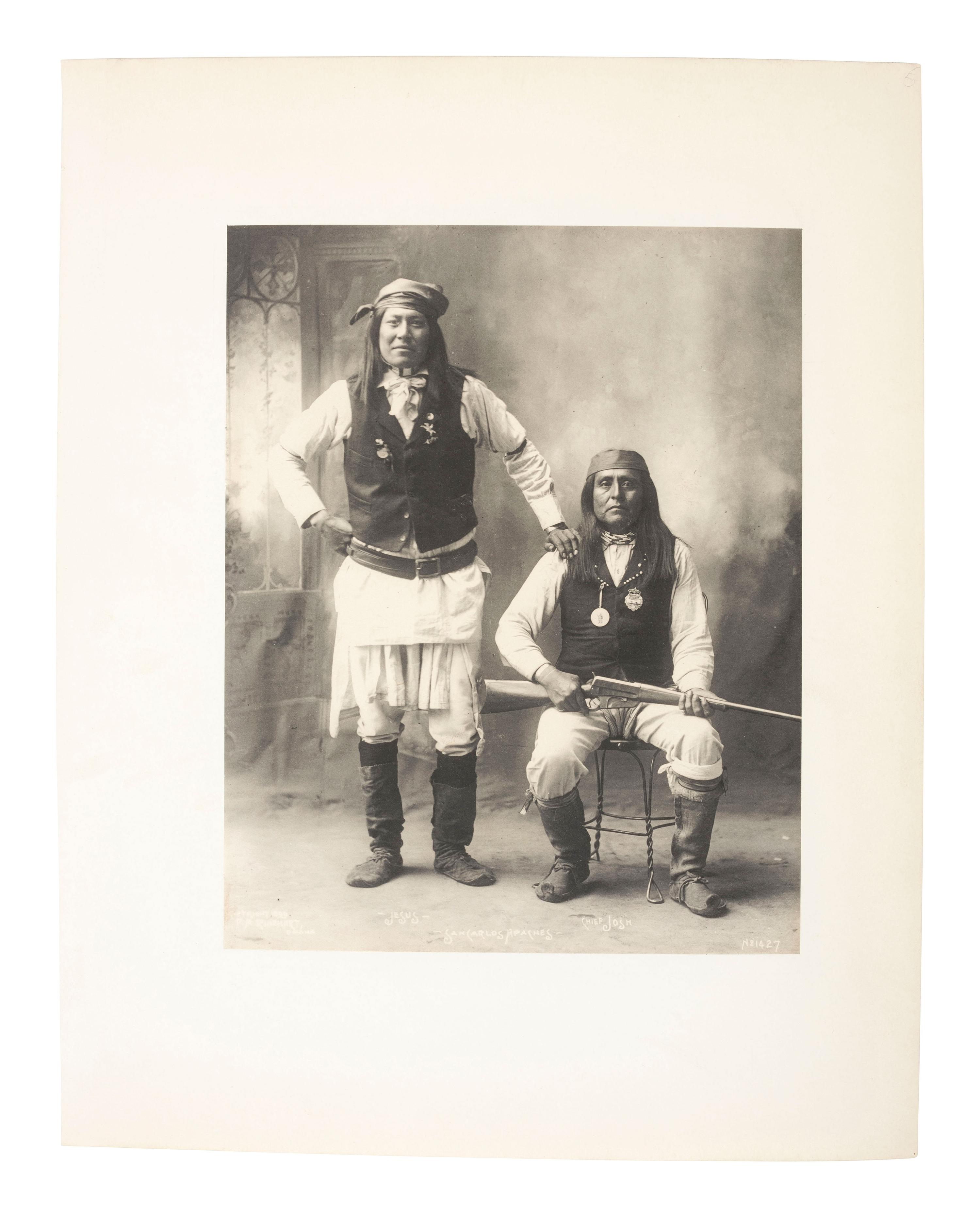 Native Americans RINEHART, Frank. A. (1861-1928), photographer. Platinum portrait of Jesus and Chief Josh, San Carlos Apaches. Omaha: 1898.