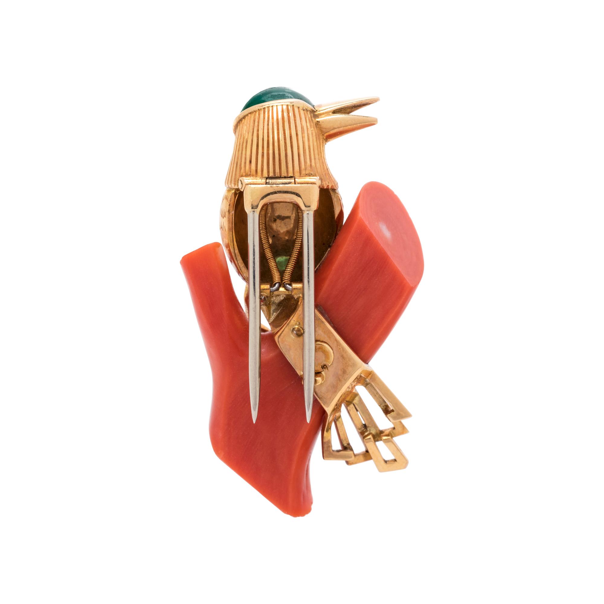 CARTIER, LONDON, CORAL AND EMERALD BIRD BROOCH