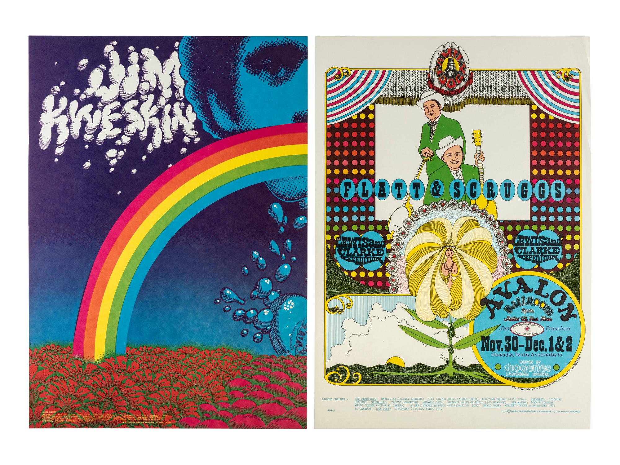 [MUSIC] -- [POSTERS]. JOHNSON, Chris, HENRY, William S., GOMEZ, Joe, GRIFFIN, Rick, and MOSCOSO, Victor, artists. A group of 8 Family Dog posters from 1967, comprising: