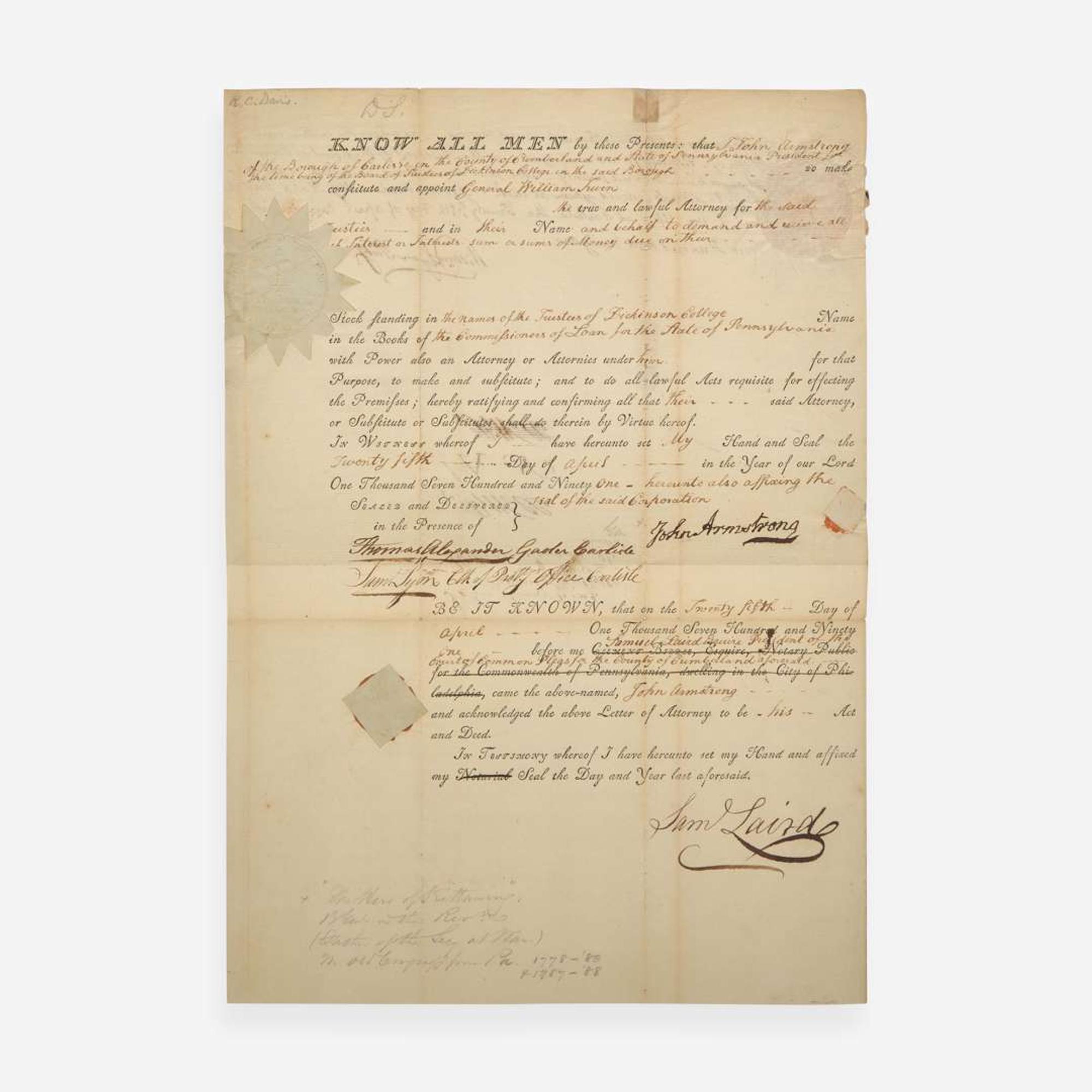 [Americana] [Dickinson College] Armstrong, John, Sr. Partially-Printed Document, signed