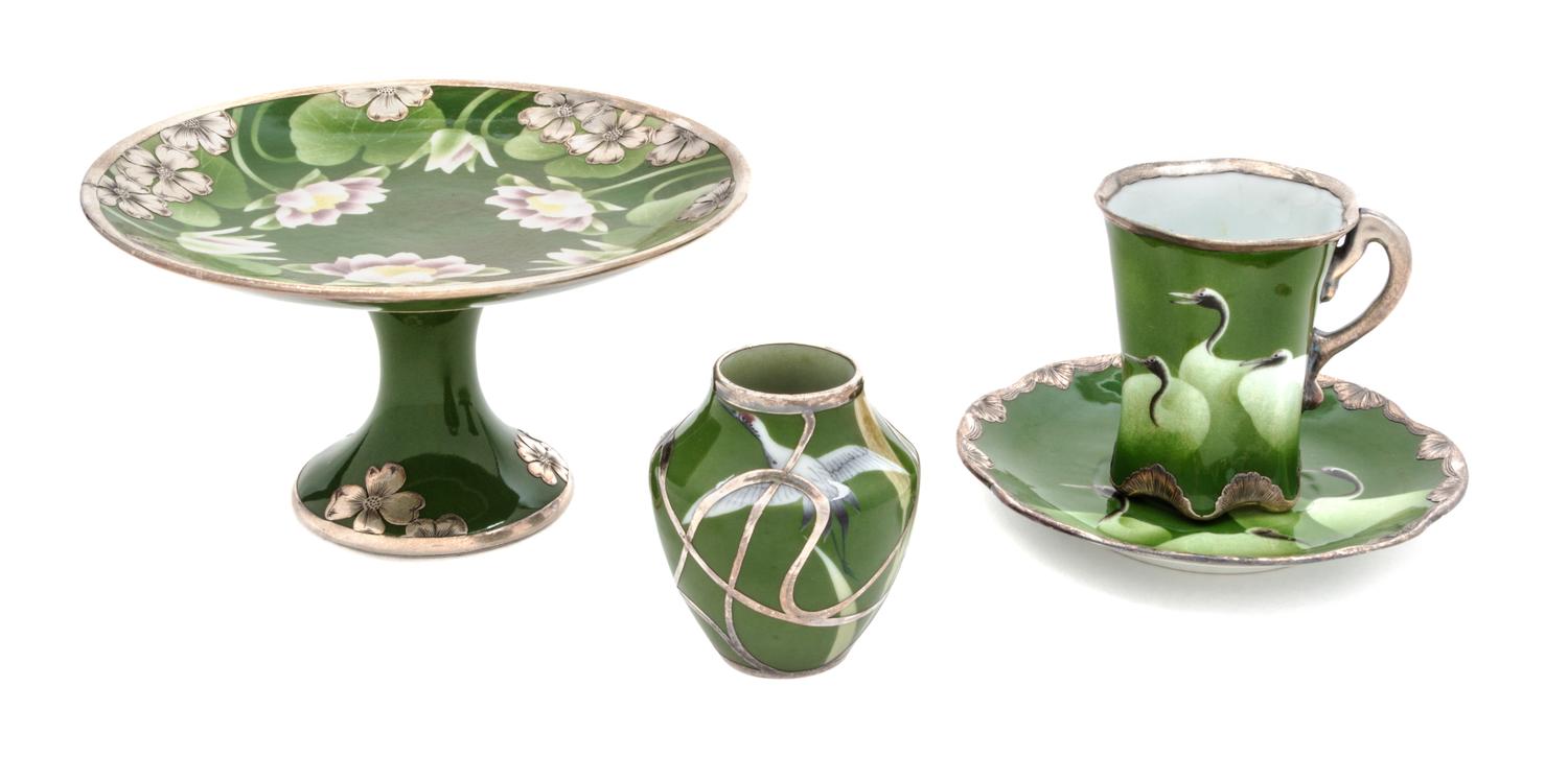 Four Japanese Porcelain Silver Overlay Articles Diameter of largest 6 1/4 inches.