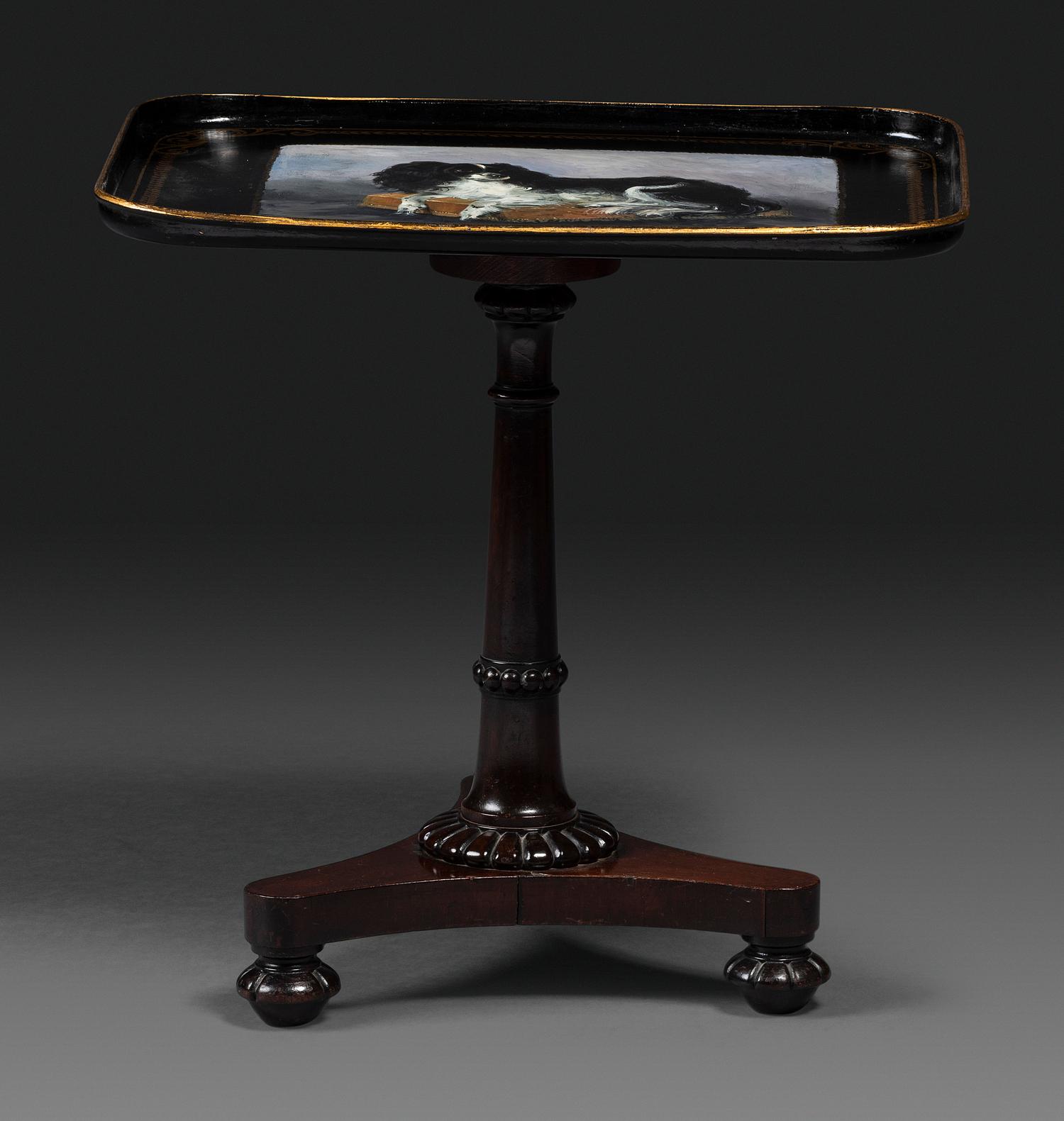 A Victorian Parcel Gilt and King Charles Spaniel Painted Tray Top Table