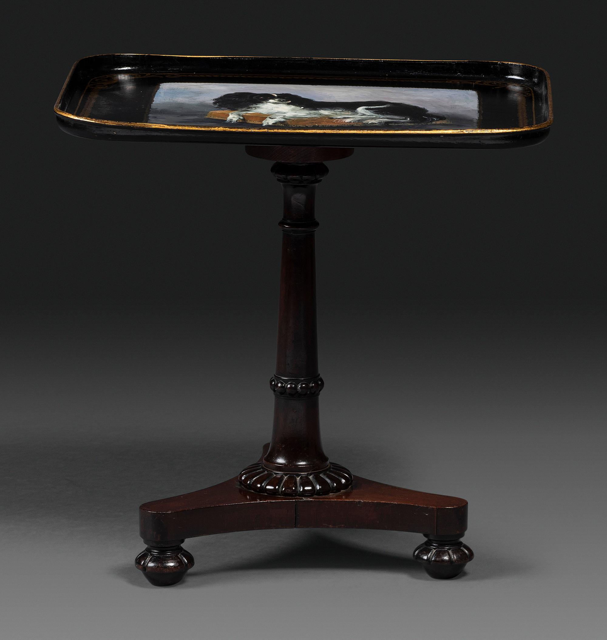 A Victorian Parcel Gilt and King Charles Spaniel Painted Tray Top Table