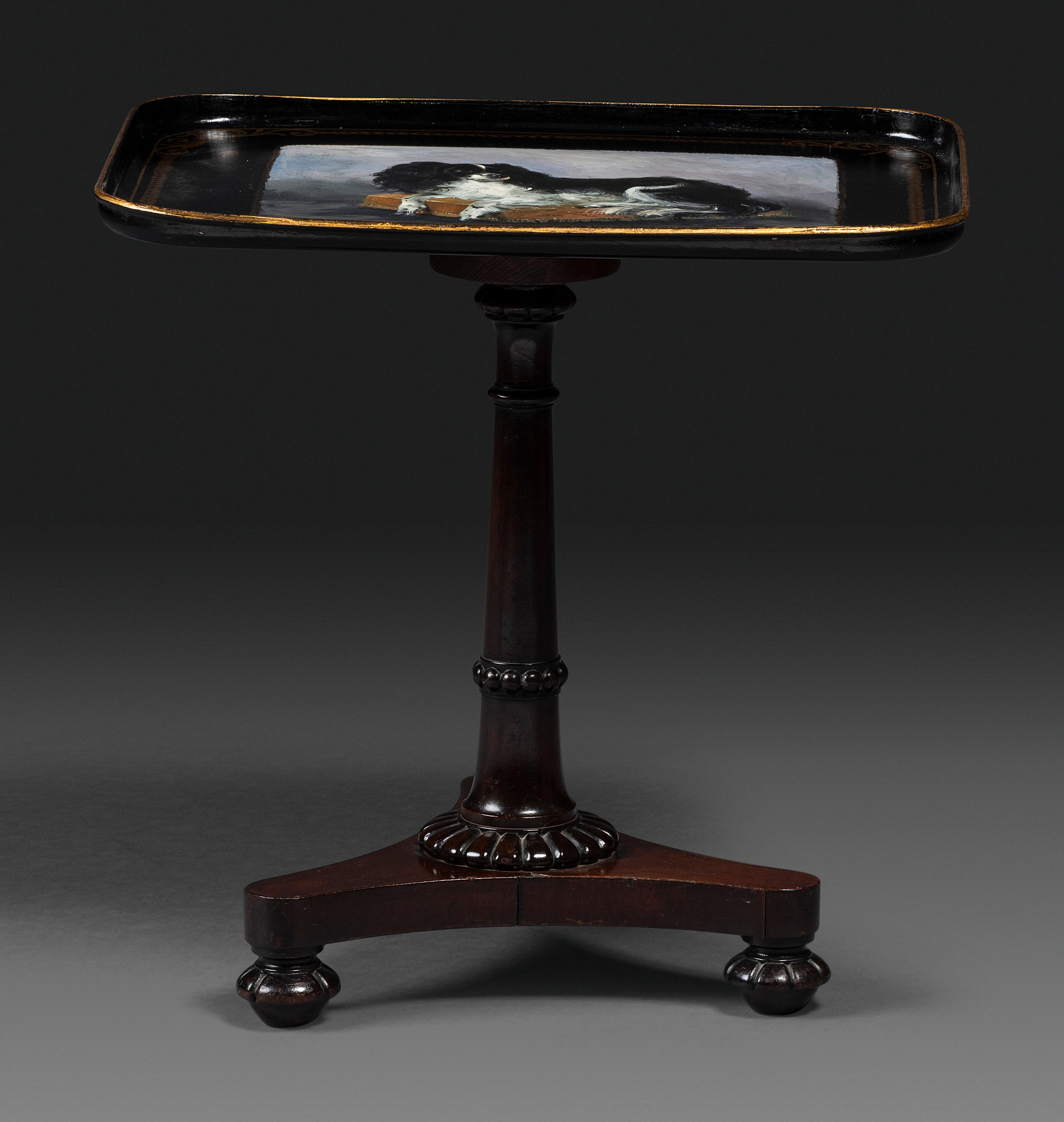 A Victorian Parcel Gilt and King Charles Spaniel Painted Tray Top Table