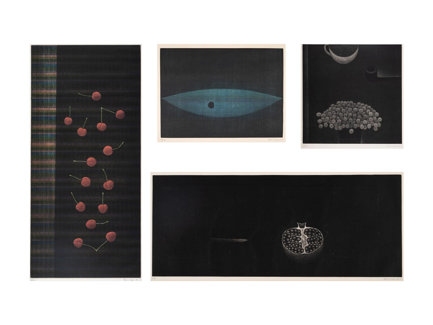 A group of four prints ( Fourteen Cherries; Clover Seeds; Pomegranate and Knife; Black Cherry)