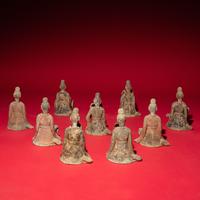 Nine Chinese Painted Grey Pottery Musicians, Late Northern Wei-Northern Qi Dynasty — 北魏晚期-北齊 灰陶彩繪伎樂俑一組九件