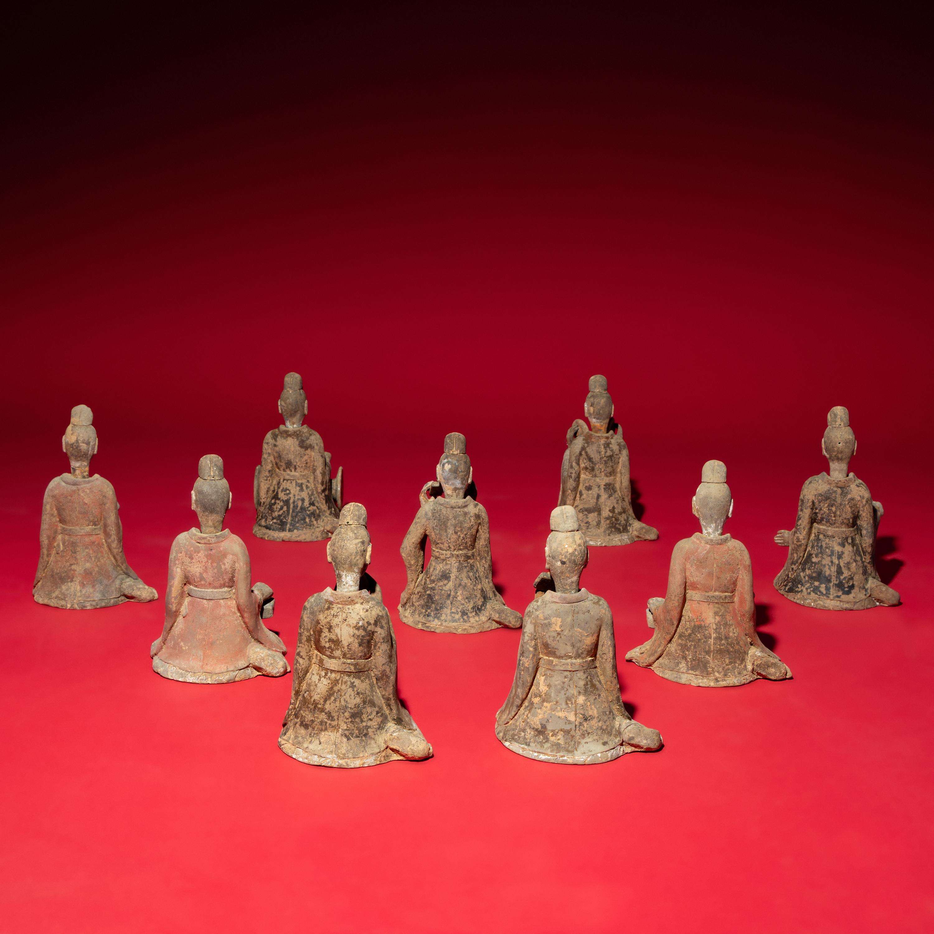 Nine Chinese Painted Grey Pottery Musicians, Late Northern Wei-Northern Qi Dynasty — 北魏晚期-北齊 灰陶彩繪伎樂俑一組九件