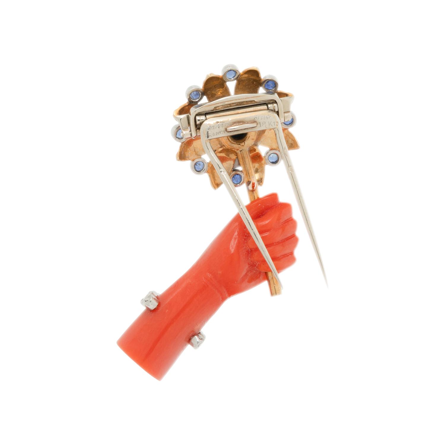 CARTIER, CORAL, DIAMOND, SAPPHIRE, AND TURQUOISE BROOCH