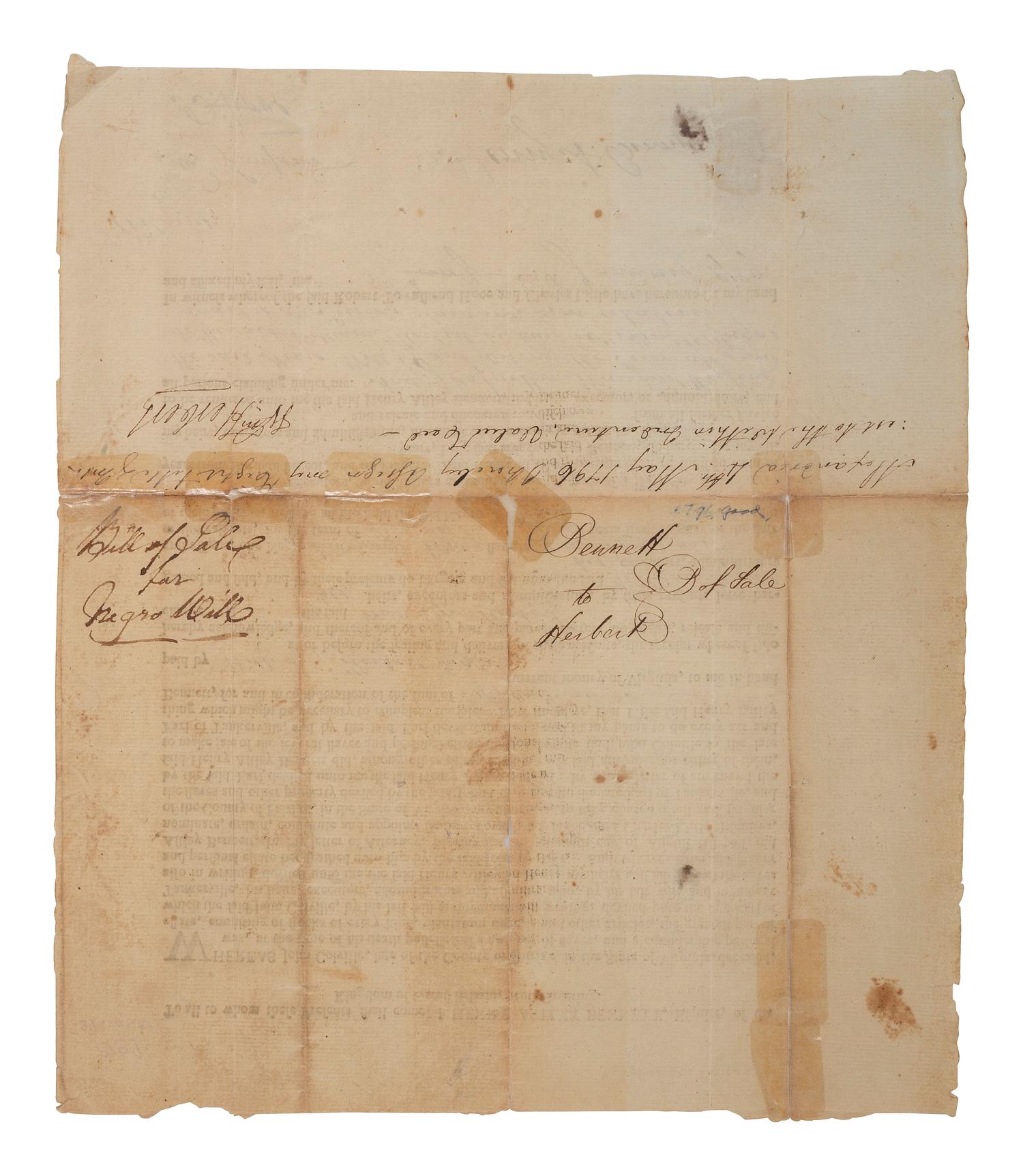 [SLAVERY & ABOLITION]. Partly printed bill of sale for enslaved man Will. [Fairfax County, VA], 5 January 1789.