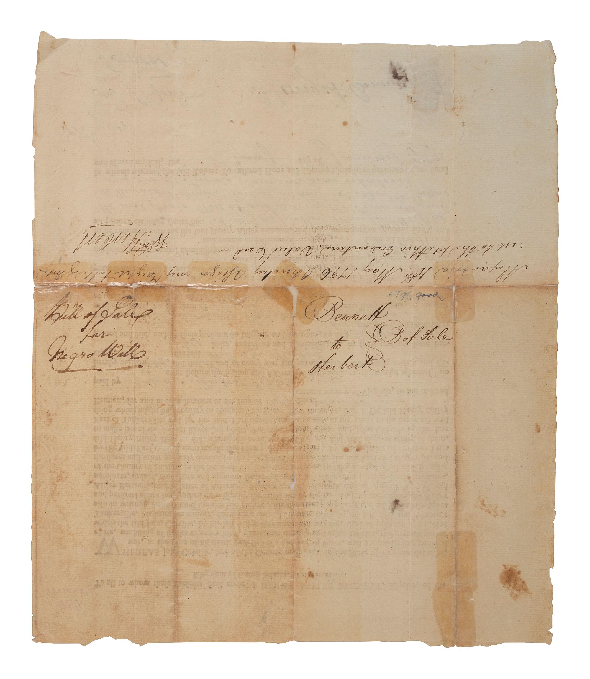 [SLAVERY & ABOLITION]. Partly printed bill of sale for enslaved man Will. [Fairfax County, VA], 5 January 1789.