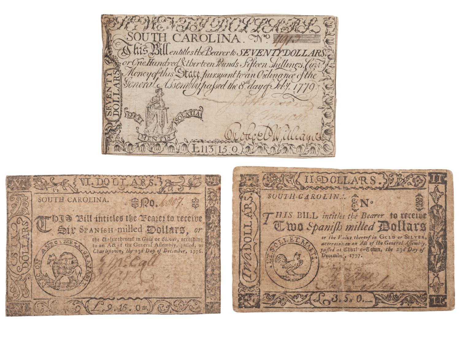 [COLONIAL CURRENCY -- SOUTH CAROLINA]. A group of 3 notes for $2, $6, and $70, dating from 1776, 1777, and 1779.