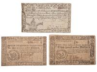 [COLONIAL CURRENCY -- SOUTH CAROLINA]. A group of 3 notes for $2, $6, and $70, dating from 1776, 1777, and 1779.