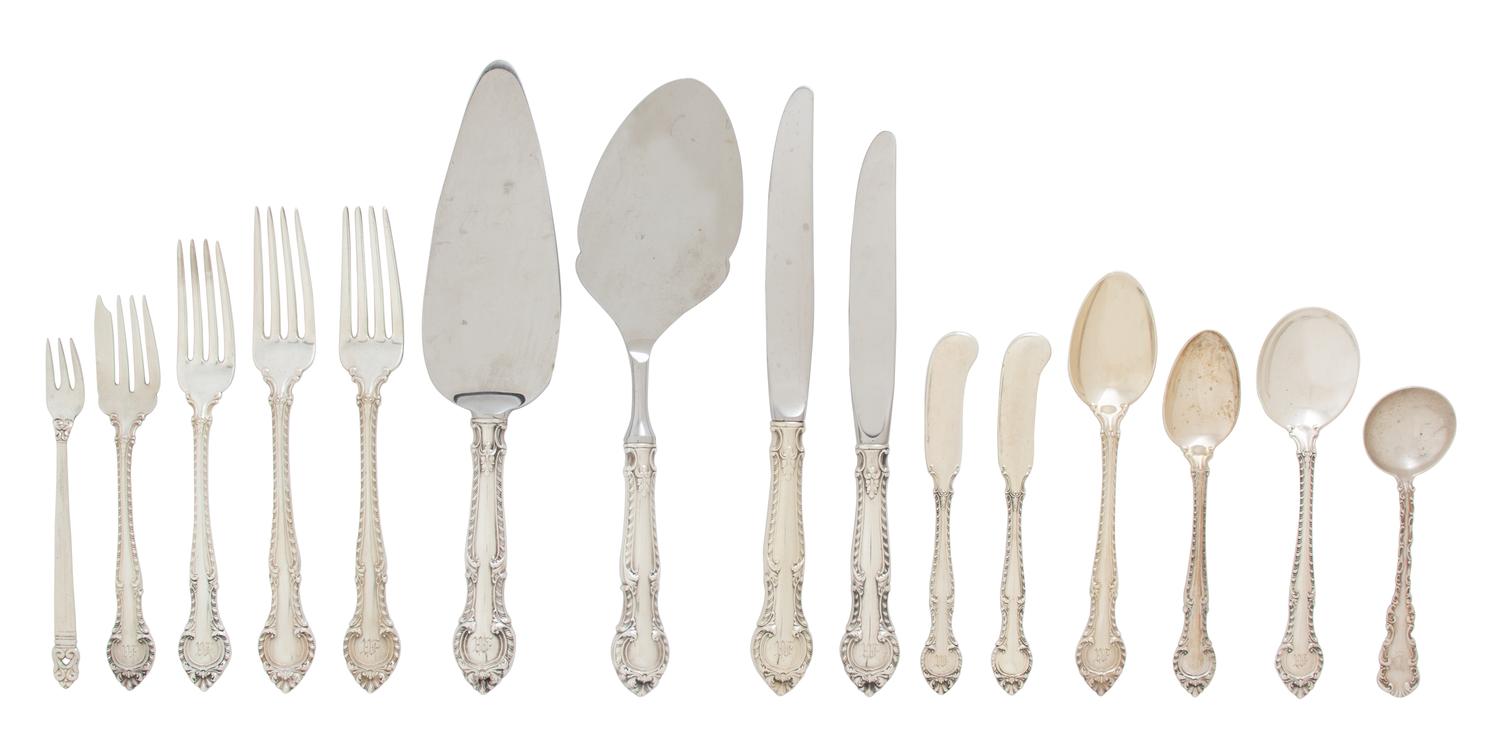 An English Silver Flatware Service for Twelve, Gorham Mfg., Providence, RI, circa 1939, in the Gadroon pattern, comprising; 20 dinner f
