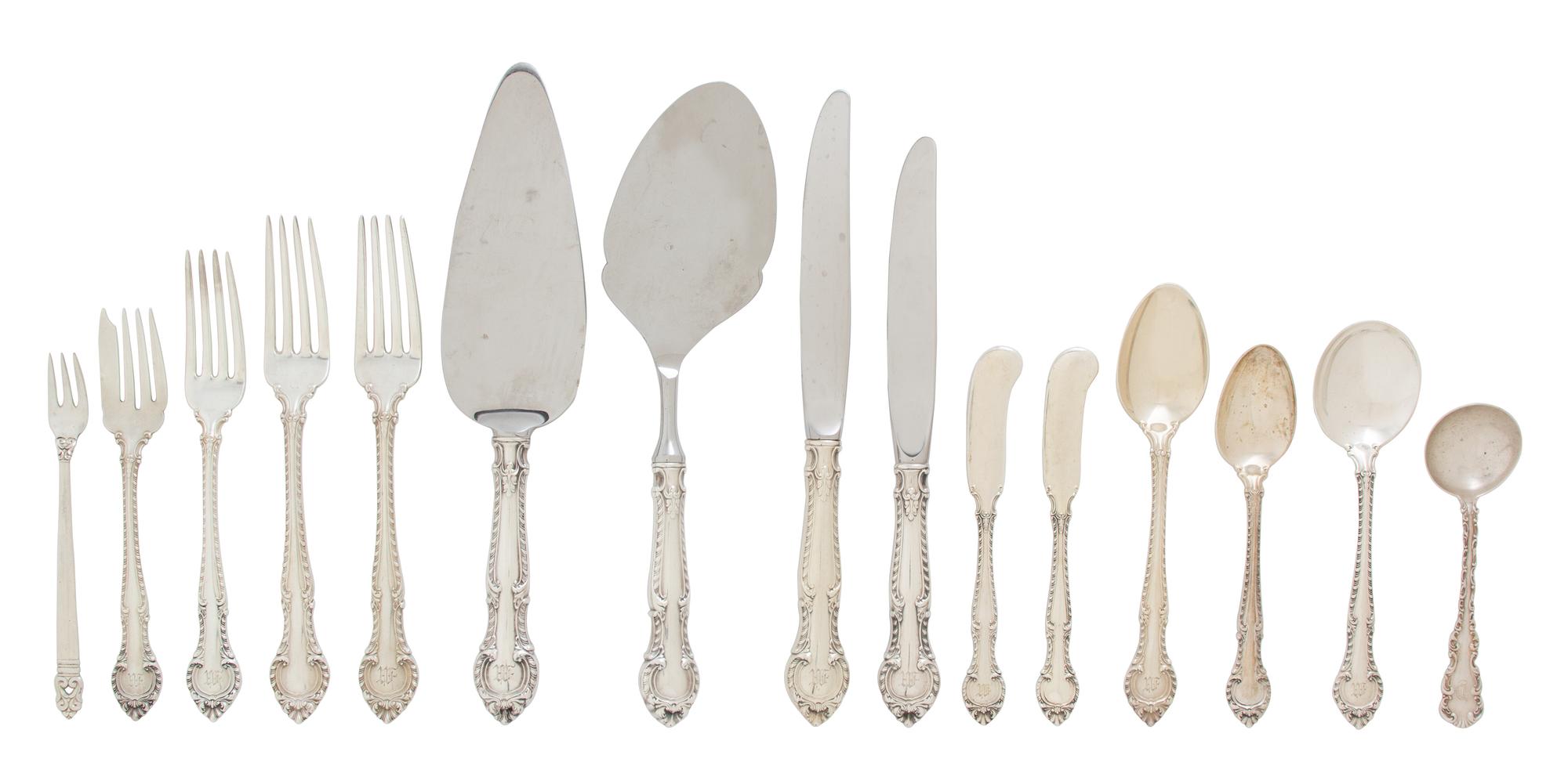 An English Silver Flatware Service for Twelve, Gorham Mfg., Providence, RI, circa 1939, in the Gadroon pattern, comprising; 20 dinner f