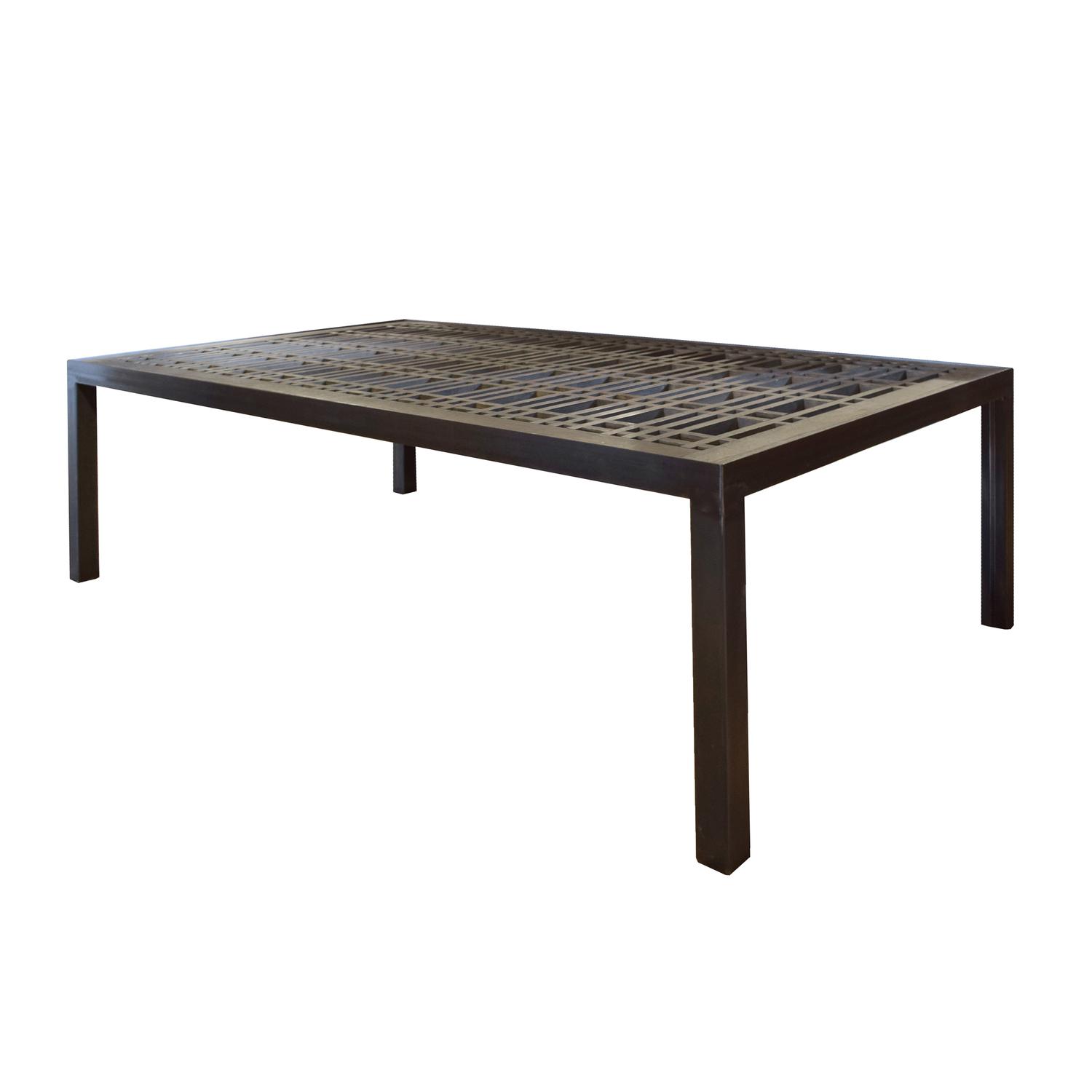 An Oak and Steel Coffee Table with Lattice Panel from the Oak Park Club, Oak Park, IL. 70" W x 38.5" D x 20.25" H — United States, 20th Century