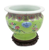 A Chinese Export Apple Green Ground Famille Rose Porcelain Jardiniere