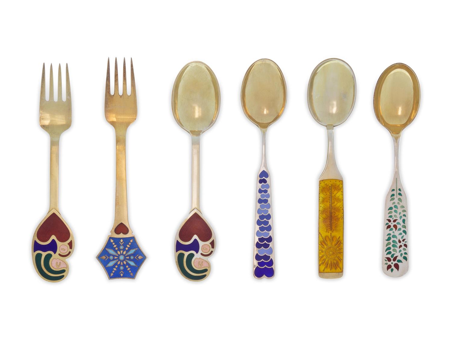 A Group of Danish Silver-Gilt and Enameled Christmas Spoons and Forks