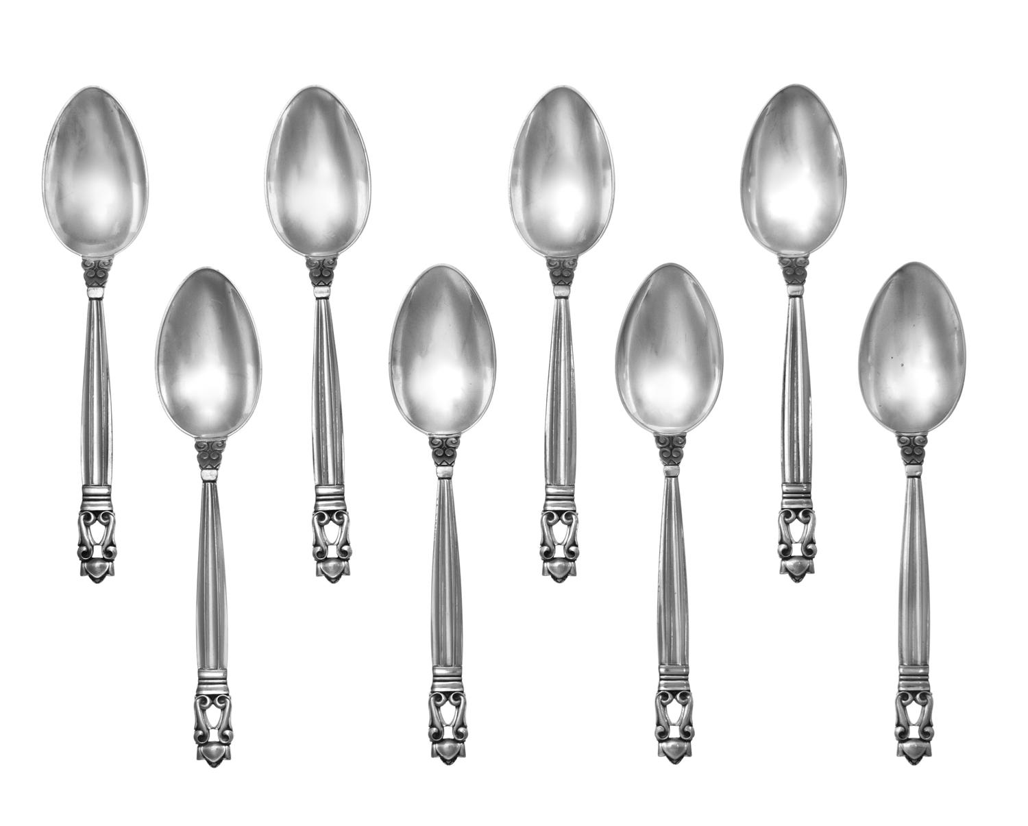 Eight Danish Silver Teaspoons, Georg Jensen Silversmithy, Copenhagen, in the Acorn pattern.