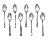 Eight Danish Silver Teaspoons, Georg Jensen Silversmithy, Copenhagen, in the Acorn pattern.