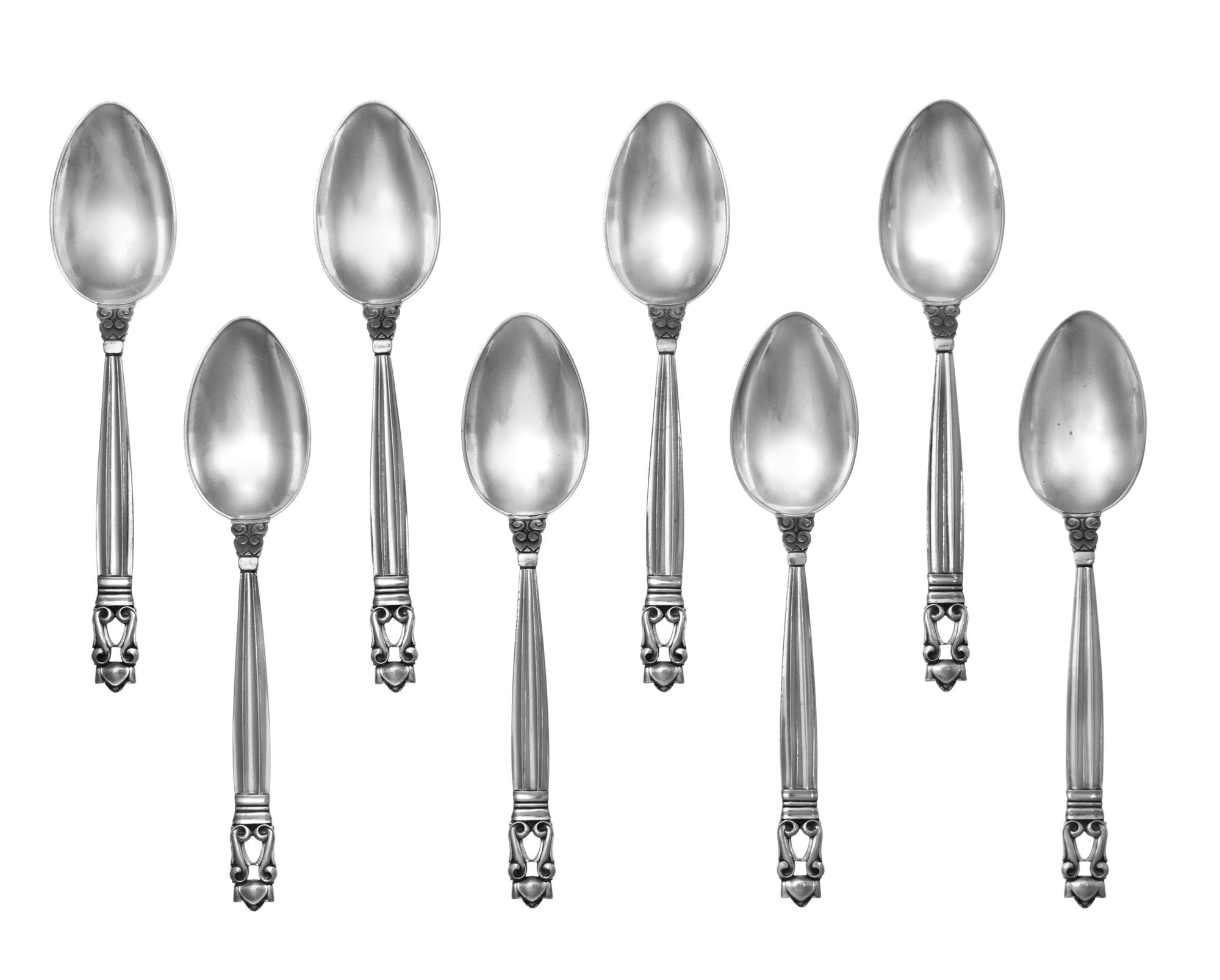 Eight Danish Silver Teaspoons, Georg Jensen Silversmithy, Copenhagen, in the Acorn pattern.