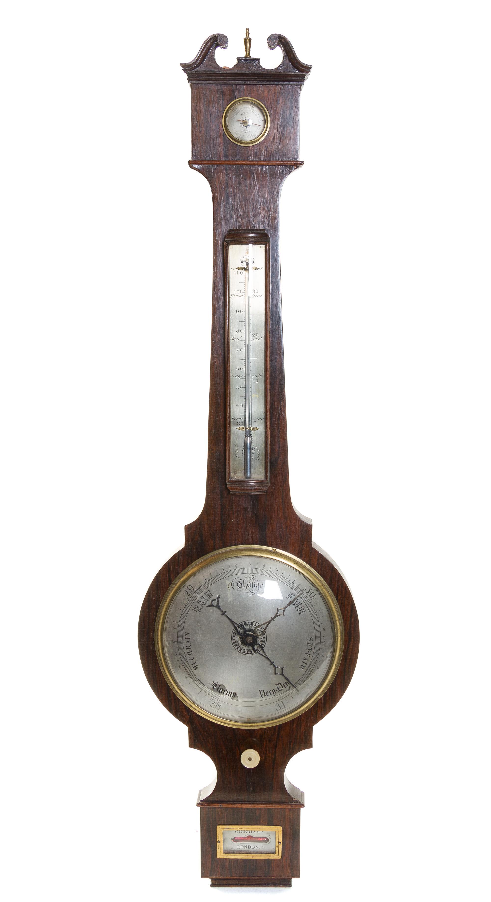 A Regency Brass Mounted Rosewood Banjo Barometer, CICERI & CO., LONDON, Height 39 inches. — CICERI & CO., LONDON,