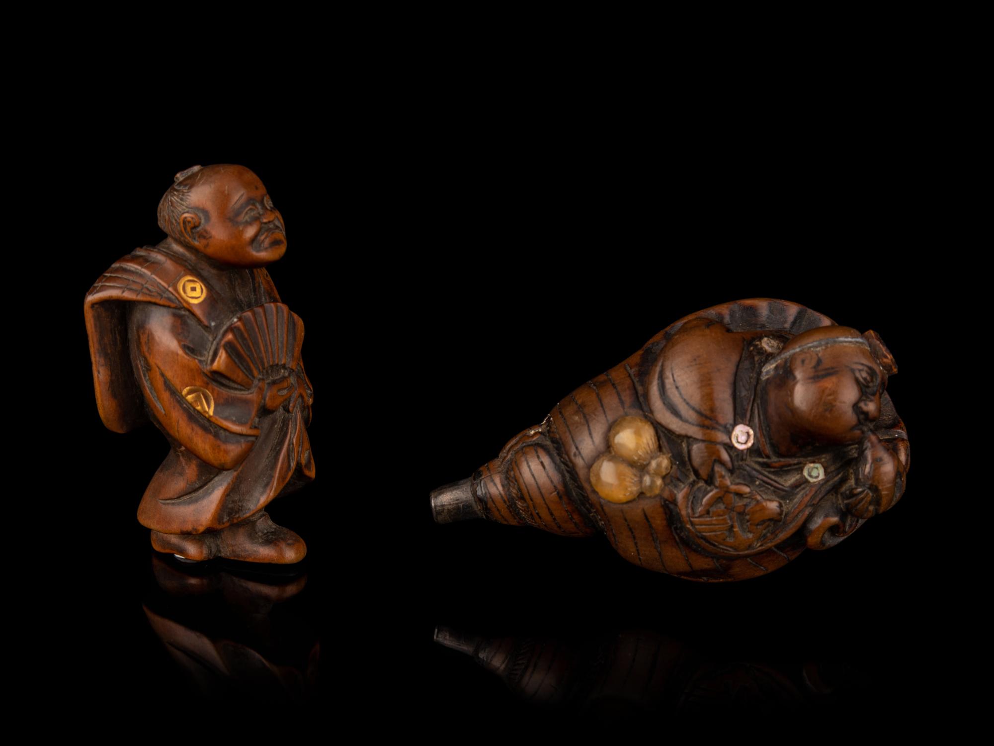 Two Japanese Embellished Boxwood Netsuke