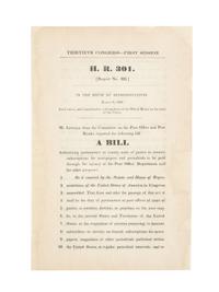 LINCOLN, Abraham (1809-1865). Thirtieth Congress — First Session . H.R. 301. [Report No. 325]... Mr. Lincoln, from the Committee on the Post Office and Post Roads, reported the following bill... [Washington, D.C.], 9 March 1848.