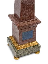 A Pair of Grand Tour Style Gilt Bronze Mounted Tri-Color Granite and Lapis Lazuli Obelisks