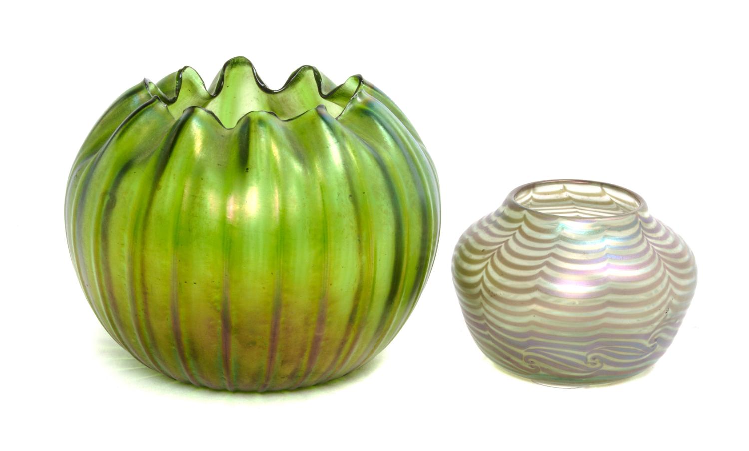 Two Iridescent Glass Vases Diameter of first 8 1/2 inches.