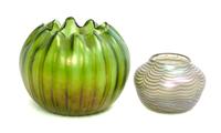 Two Iridescent Glass Vases Diameter of first 8 1/2 inches.