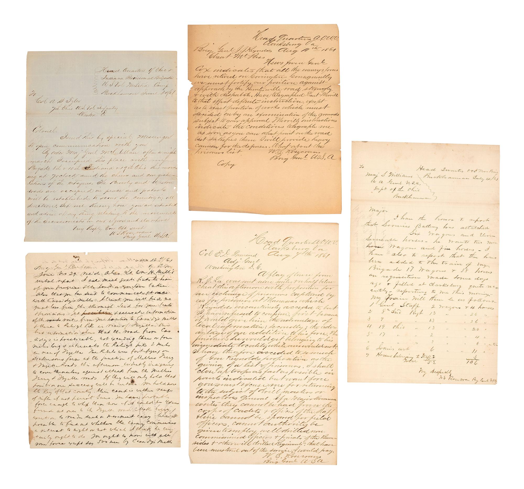 [CIVIL WAR] -- ROSECRANS, General William S. (1819-1898). Letters and documents associated with General William S. Rosecrans and the early months of the Civil War, including 3 ALsS.