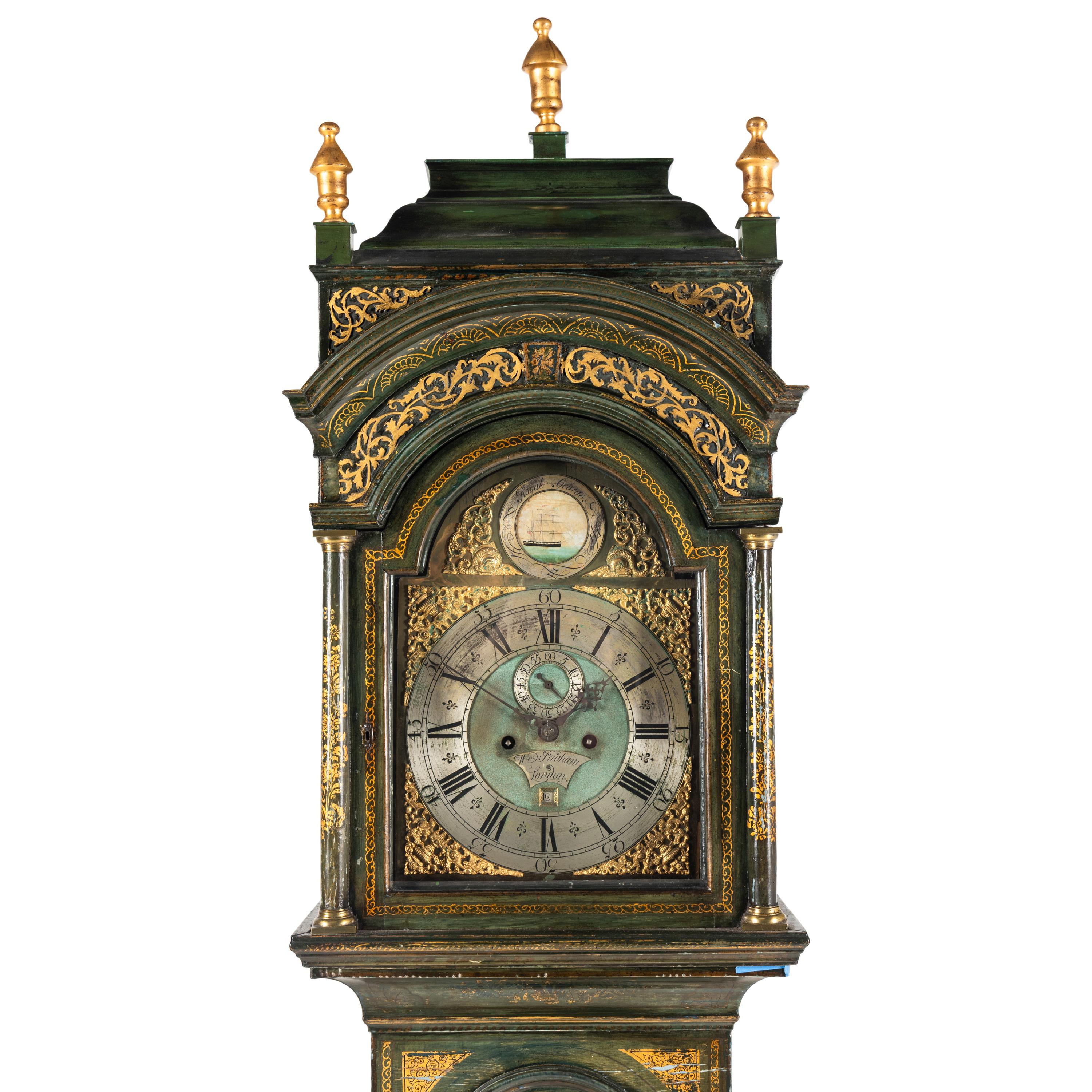 A George III Green and Gilt-Japanned Longcase Clock