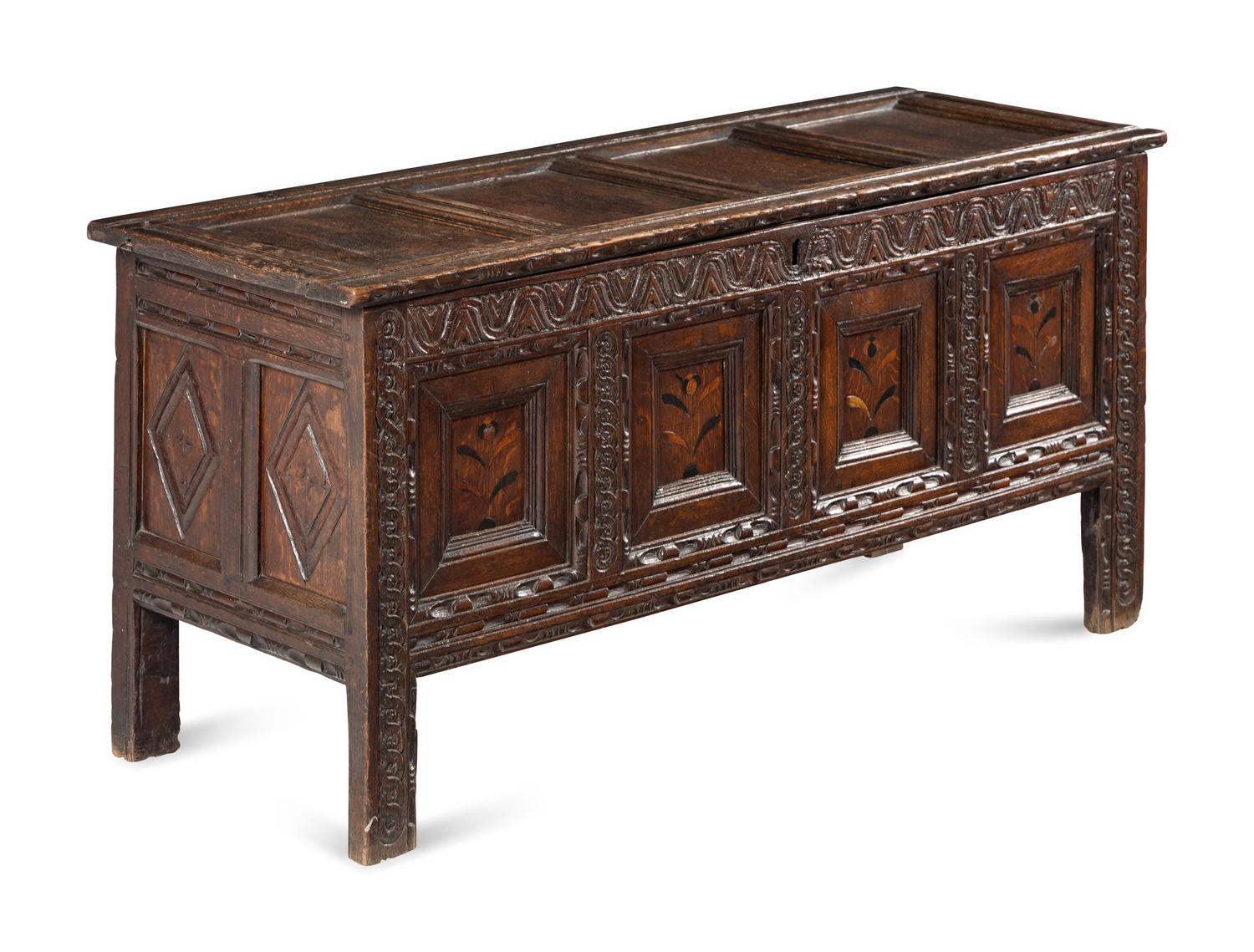 A Charles II Oak and Marquetry Blanket Chest