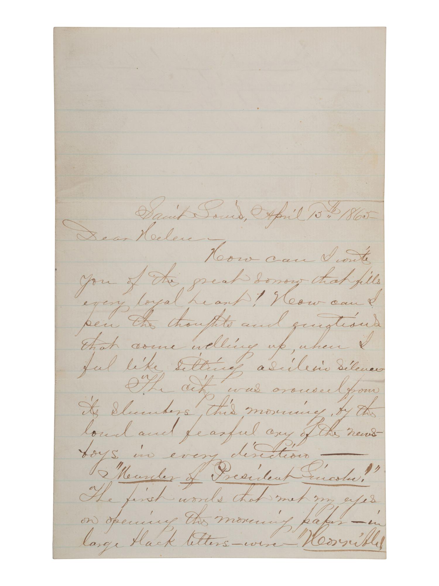 [LINCOLN ASSASSINATION]. Letter from Allen Houghton, paymaster of the western branch of the Union Army, regarding news of Lincoln's death reaching St. Louis. 15 April 1865.