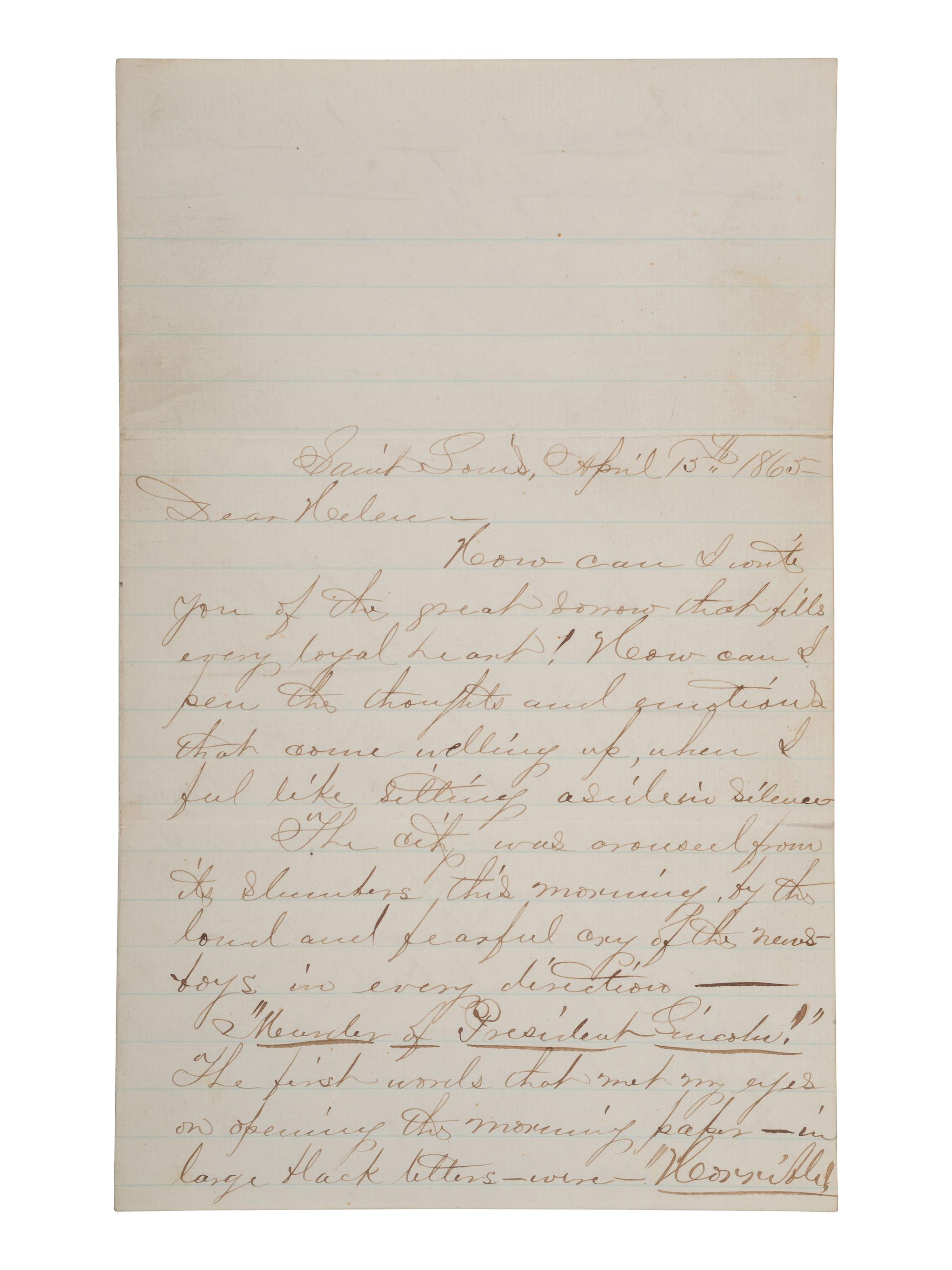 [LINCOLN ASSASSINATION]. Letter from Allen Houghton, paymaster of the western branch of the Union Army, regarding news of Lincoln's death reaching St. Louis. 15 April 1865.