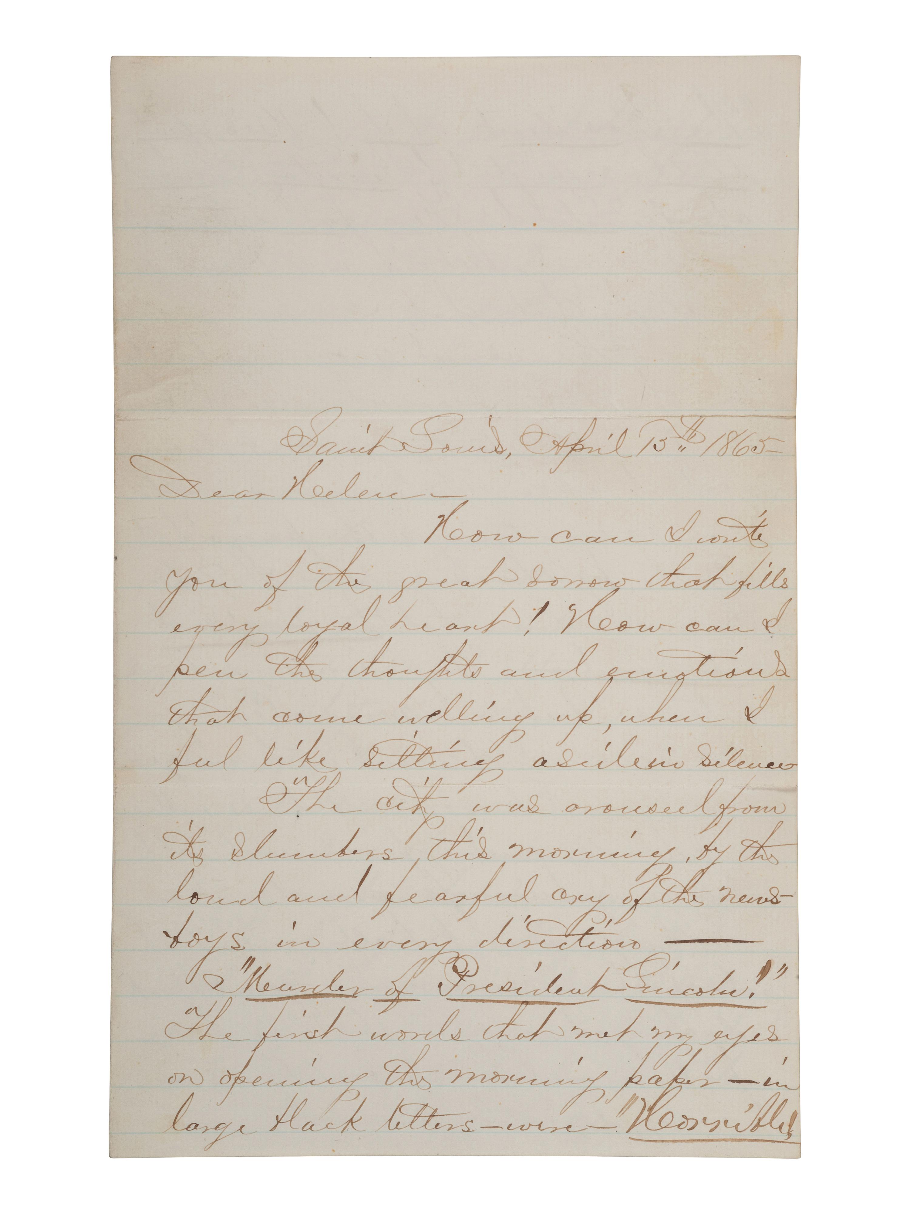 [LINCOLN ASSASSINATION]. Letter from Allen Houghton, paymaster of the western branch of the Union Army, regarding news of Lincoln's death reaching St. Louis. 15 April 1865.